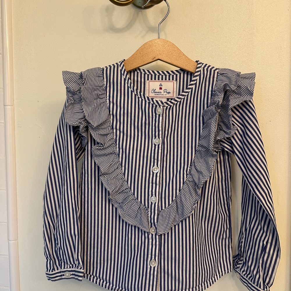 Classic Prep Blue and White Button Down Shirt with Ruffled Collar